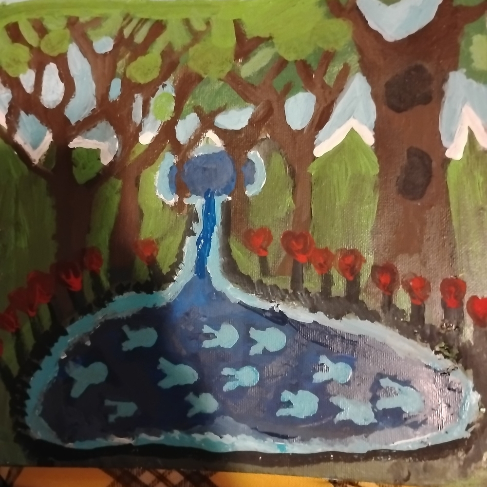 Nicole Forest Fountain Painting in Blue, Green & Red